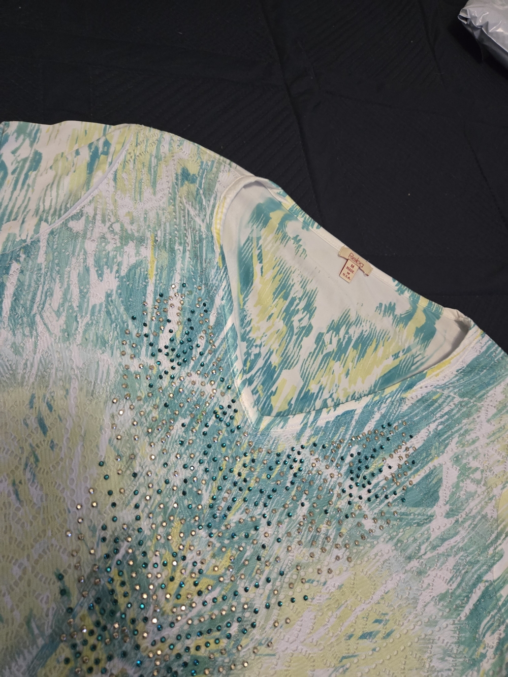 Reba V-Neck Blouse with Aqua, Teal & Yellow Print